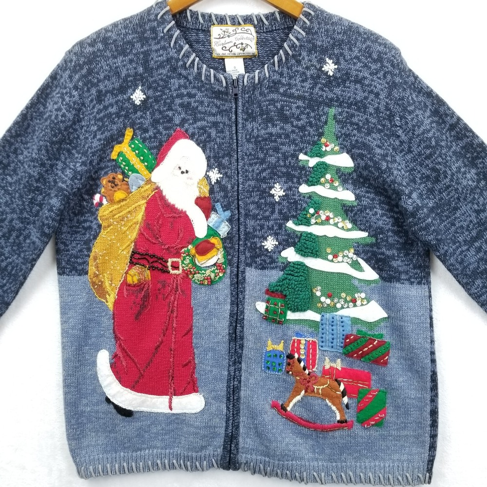 Vintage Heirloom Collectibles Cardigan Women S Blue Santa Ugly Christmas Sweater